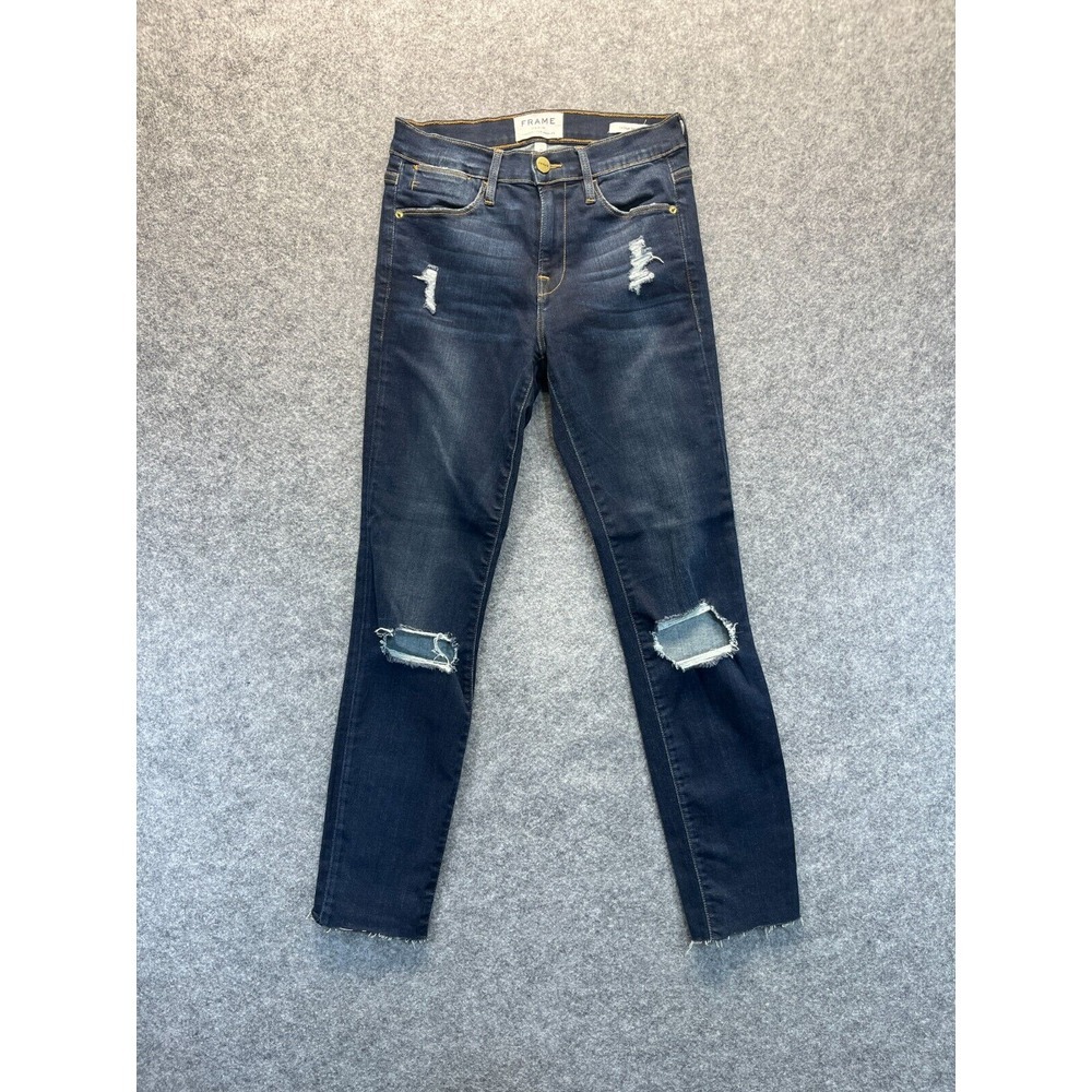 Frame Jeans Women's 25 Le High Skinny Dark Blue Distressed Raw Hem Denim Pants